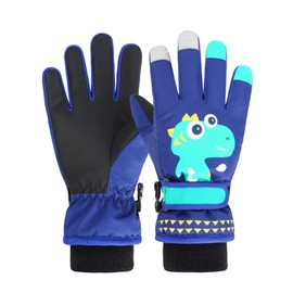 Jupsk Kids Winter Ski Gloves Waterproof Anti Slip Plush Lined Thermal Snowboard Gloves for Children Boys Aged 7-9 (Blue Dinosaur)