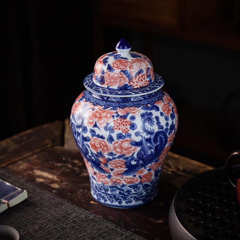 SILINE Porcelain Airtight Canister 45 Oz/1350ml, Blue White with Red