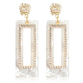 Elegant 60s 70s Vintage Black And White Acrylic Grid Dangle Drop Earrings Dainty Chic Sparkly Crystal Hollow Resin Rectangle Geometry Stud Earring for Women (White)