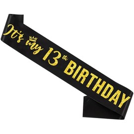 It’s My 13th Birthday Sash Gold,13th Birthday Sash for Girls,Glitter Letter 13th Birthday Sash for Girls,Happy 13th Birthday Party Decorations,Black and Gold