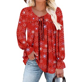 Womens Chic Tunics Loose Flowy Soft Travel Versatile Tops Casual Crew Neck Winter Ruffled Long Sleeve Blouse 2025 Snow Floral Red Print Dressy Business Pleated Tunic Clothing M