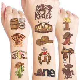MeoIsDaBest Tatuajes Temporales "Mi Primer Rodeo" – 5 Láminas(60 Unidades) – Ideales Para Fiestas De Cumpleaños Temáticas De Vaqueros, Decoración Del Oeste, Pegatinas Divertidas Para Niños Y Niñas, Y