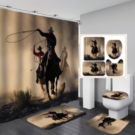 Camille&Andrew 4PCS/Set Western Cowboy Shower Curtain, Country Cowboy Riding Horse in Wild West Bathroom Decor, Waterproof Fabric Bath Curtain, Non-slip Bathroom Mat Bath Rug Soft Toilet Carpet, Rodeo