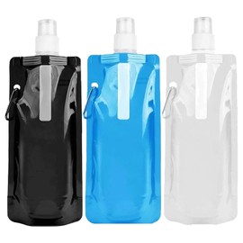 Catelves Pack of 3 Foldable Water Bottles, 500 ml, Foldable Water Bottle, Unisex Adult Drinking Bag, BPA-Free Foldable Water Bottle with Clip for Festival, Camping, Hiking, Adventure