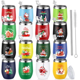 Nuogo 16 Set Colorful Christmas Wine Tumbler Spoon 12 Oz Funny Stainless Steel Tumbler with Straw and Brush Holiday Tumbler Cup Gifts for Coworker Women Men Christmas Xmas Party Decoration
