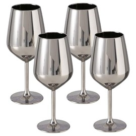 WHW Whole House Worlds Modernist Home Long Stem Wine Glasses, Set of 4, 16.5 oz, Reflective Silver, Lacqured Glass, Premium Lead-Free, Red and White Wine, (490 ml) Dishwasher Safe