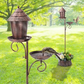 CONDAUPH Bird Bath and Bird Feeders with Planter Combo, Metal Bird Baths for Outdoors, Decorative Birdbath for Outside Garden Yard, Weather Resistant (Brown)