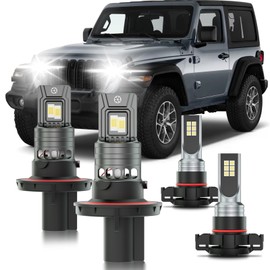 HUOKEDS Fits for Jeep Wrangler JL 2019-2025 Fog Lights Bulbs Combo, 4pcs Super Bright White Dual Beam and Fog Lights Blubs Package, 1:1 Size as Stock Bulbs, Plug and Play