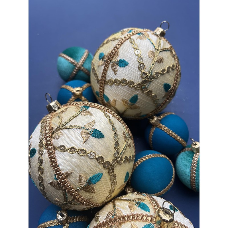 Lalit 10cm Beige Bauble with Gold Embroidery & Teal Accents