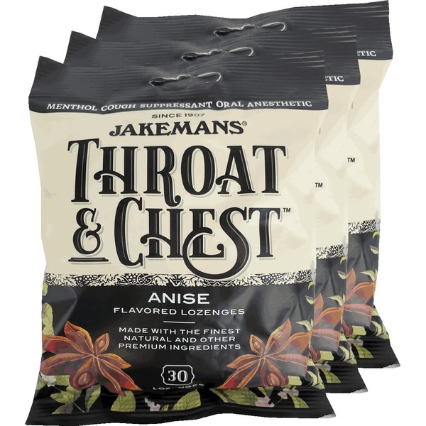 Jakemans Throat & Chest Menthol Cough Suppressant – Anise - 30 Lozenges (3 Pack)