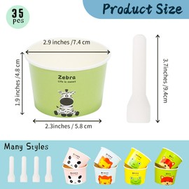 QIANAI Paper Disposable Ice Cream Bowls Ice Cream Cups with 35 Animal Figures and Letters, 35 Pieces Paper Dessert Cups 6 oz 180 ml with 35 Spoons