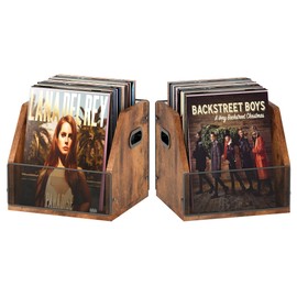 Homeiju 2 Pack Vinyl Record Storage, Album Storage for Vinyl Records, Record Crates for Vinyl, Vinyl Record Album Holder, Vinyl Holder, Metal & Wooden LP Record Crate, Vinyl Record Box Case Crate