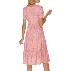 Berydress Women's Resort Wear 2025 Casual Summer Midi Dress Short Sleeve Loose Fit Cotton Ruffle Babydoll Tiered Dress (XL, 6175-Pink Dot)