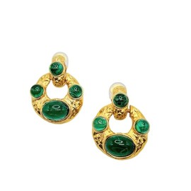 Kenneth Jay Lane Satin Gold Clip-On Button or Drop Earrings with Crystal and Flawed Emerald Resin Stones (Doorknocker)
