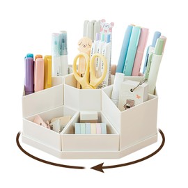 Lvjkes Rotating Pen Holder, 9 Compartments, Large Capacity Desk Organiser, 360° Rotatable Upgrade, Removable, Can Hold Pencils, Crayons, Various Stationery (White)