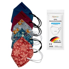 TubeRoo FFP2 Winter Mask Set, 5 Colours, Pattern Motif, Dark Blue, Bordeaux, Light Grey, Red, Pack of 20 Masks from Germany, Made in Germany, Soft Round Ear Loops Bands, Respirator Mask, Mouth Guard