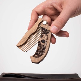 Beard Comb for Men Pocket Folding Combs for Mustache & Hair Travel Natural Wooden Comb with Real Man Engraving - Perfect for Use w/Beard Balm Oil (Wavy Half Skull)