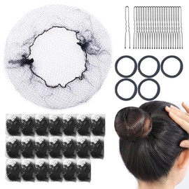 Hair Nets, U Shaped Hair Pins Set - 20 Invisible Elastic Mesh Nets, 50 Bun Maker Pins for Women, Girls, Ballet Dance, with 5pcs Hair Bands, Black