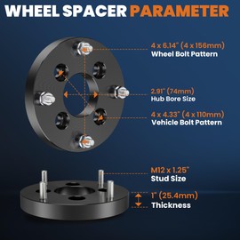 KUIPERAUTO 4x110 to 4x156 Wheel Spacers,1 inch Forged Wheel Adapters Compatible for Arctic Cat Bombardier Can-Am Honda Suzuki,M12 x 1.25" Studs 74mm Center Bore,4 PCS Black
