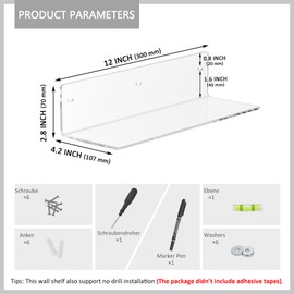 Sezanrpt 12 Inches Clear Wall Shelves, Moisture-Proof, Acrylic Bathroom Wall Shelves, Clear Floating Shelves for Bathroom, Bedroom, Living Room, Retail, 2 Pack