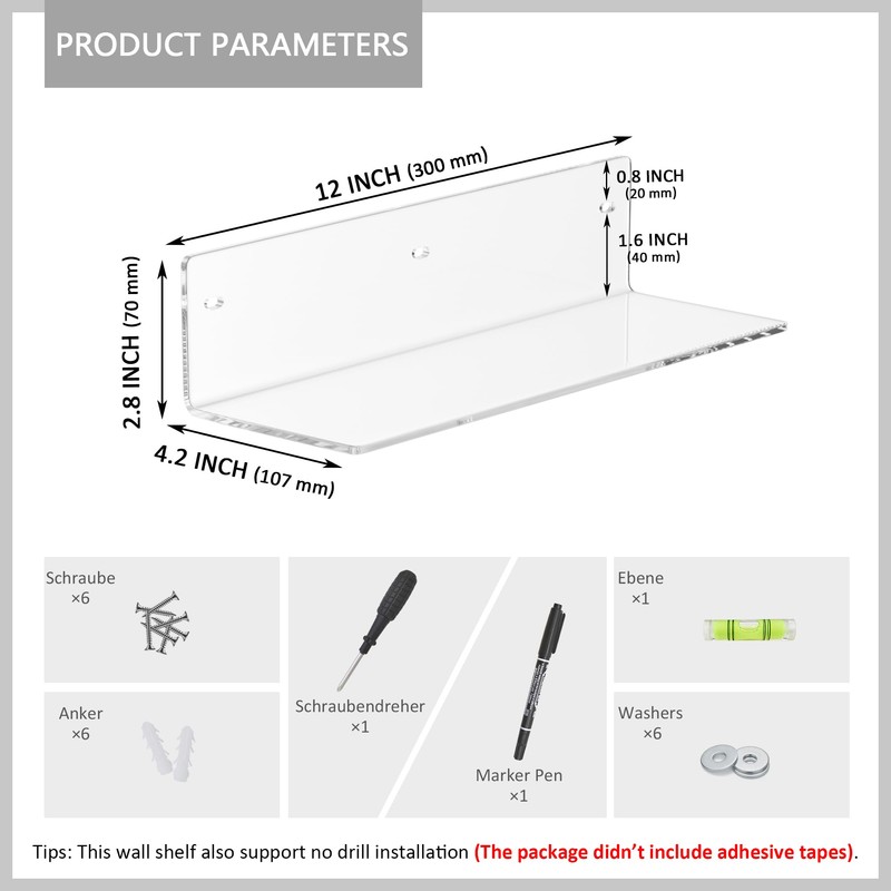 Sezanrpt 12 Inches Clear Wall Shelves, Moisture-Proof, Acrylic Bathroom Wall