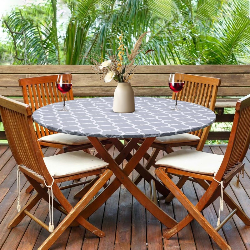 Yeqqzq Round Fitted Vinyl Tablecloth with Elastic Edged, Flannel Backing,