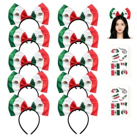 10pc Diademas con Lazo Bandera México Fútbol Mundial 2026 México + 2 Hojas Tatuajes Temporales, Ideal para Fiestas, Partidos y Celebraciones