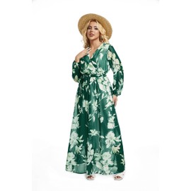 Womens Floral Long Dress Chiffon Flower Printed Dresses V-Neck Summer Boho Dress
