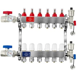 AB Radiant Heat Manifold, 6 Loop PEX Tubing Manifolds with Compatible Outlets, for Hydronic Radiant Floor Heating(1/2" connectors included)