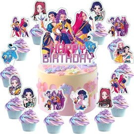 25 decoraciones de pastel de cazadores de películas demoníacas con 24 adornos para cupcakes, 1 adorno para pastel de feliz cumpleaños, suministros de fiesta temática de dibujos animados, perfecto para decoraciones de fiesta de cumpleaños