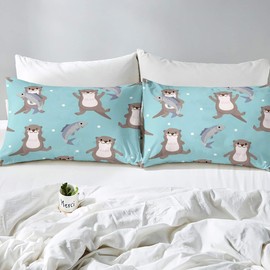 Feelyou Kids Bedding Set for Girls Boys Children Cute Otter Bed Sheet Set Cartoon Wild Animal Fish Fitted Sheet Lovely Wildlife Style Room Decor Bed Cover Twin Size 2Pcs