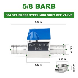 TAISHER 1PCS 304 Stainless Steel 5/8" Mini Ball Valve Shut Off Switch, 5/8" Hose Barb with 2PCS Hose Clamps