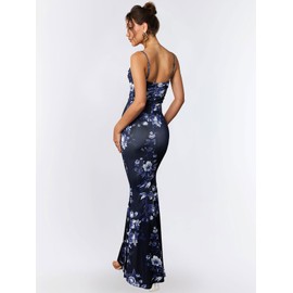 EYNMIN Women's Floral Corset Maxi Dress Sleeveless Bodycon Spaghetti Strap Ruched Elegant Wedding Guest Long Formal Dresses Navy Print L