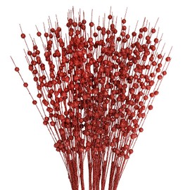 EFIVS ARTS 10 Pack Red Artificial Glitter Berry Stems 15.7" Fake Christmas Picks Decorative Glitter Sticks for Christmas Tree DIY Wreath Crafts Gift Fireplace Holiday Home Decor