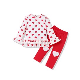 Conjunto de ropa para el día de San Valentín para niñas y bebés, manga con volantes rojos, pantalones en forma de corazón, Pantalones rojos, 3 Años/4 Años