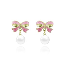 Bow Pearl Earrings for Women Cute Bow Earring Dainty Bowknot Drop Dangle Earrings Prom Bridal Bridesmaid Earrings Christmas Festival Earring Fashion Jewelry (Pink)