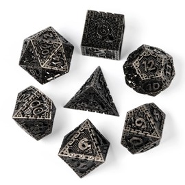 World of Dice - Metal Dice Set - Dragon Siege DND Polyhedral Dice with Dice Bag D20 to D6 for Dungeons and Dragons, DSA, etc. (Silver)