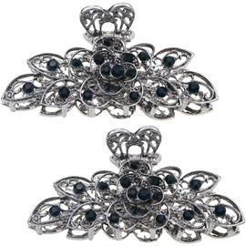 2 Pcs Women Retro Chic Rhinestone Alloy Fancy Hair Claw Jaw Clips Pins -Vintage Flowers Hair Catch Updo Grip Hair Accessories for Thick Hair（Blue Diamond）