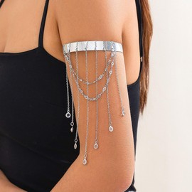 Rannyrena Dainty Bead Crystal Star Tassel Upper Arm Cuff Punk Long Chain Tassel Arm Bangle Bracelet Silver Greek Layered Coin Armlet Open Cuff Armband Beach Wedding Body Jewelry for Women, adjustable,