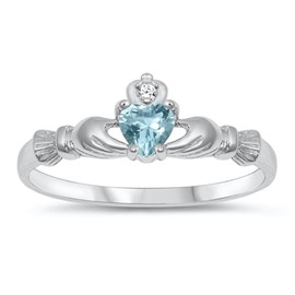 Sterling Silver Irish Claddagh Friendship Ring Simulated Aquamarine Heart Size 10
