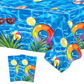 2Pcs Summer Pool Beach Table Cloth Party,130*220cm Blue Plastic Ocean Waves Table Cover Under the Sea Tablecloth for Kids Birthday Hawaiian Underwarter Summer Swimming Pool Party Decorations Supplies