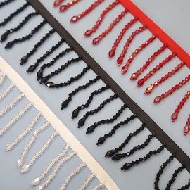 Yalulu 2 Yards Handmade Beaded Hanging Tassel Fringe Trim, Crystal Beads Tassel Fringing Trimmings for Sewing Craft Clothing Accessories (Red)