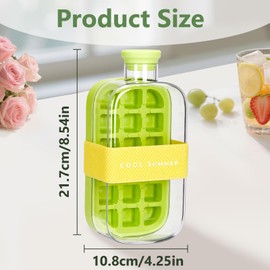 Nexhyp Ice Cube Bottle 800ml with Straw, 2-in-1 Push-Type Ice Making Bottle with Reusable Lid & Bin, Portable Water Bottle Ice Cube Tray for Home, Outdoor, Office, Summer Beverages (Green)