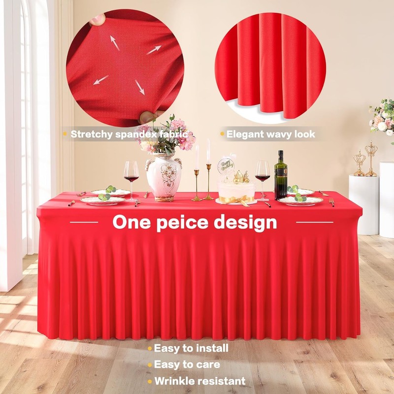 Red Stretchy Spandex Tablecloth for 1.8 m Rectangular Table, Washable