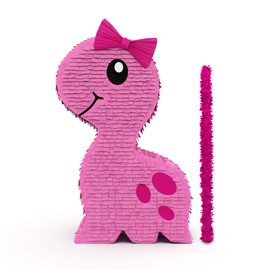 Cute Pink Dinosaur Party Pinata with small stick-17.5”x11”x 5” Perfect for Girls Birthday Dinosaur Theme Parties, Party Decor, Roar T-rex and Jurassic kids theme decorations- by get a pinata