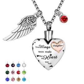 Norya Cremation Urn Necklace Comes With Angel Wing And 12 Birthstones Ashes Jewelry Heart Memorial Pendant, Metal