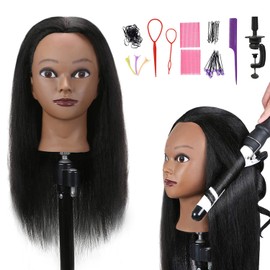 SOPHIRE 100% Real Hair Mannequin Head Training Head with stand, 18" Hairdresser Cosmetology Mannequin Manikin Training Practice Head Doll for Female Hairstyling - Black