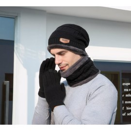 H HOME-MART 3 Pieces Knitted Beanie hat with Gloves,Winter Warm Beanie Hats Scarf Set Warm Knit Hat Thick Fleece Lined Winter Cap Scarves Slouchy Beanie For Men Women