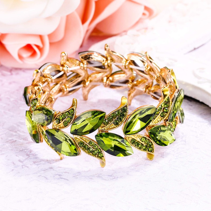 BriLove Wedding Bridal for Women Marquise-Shape Leaf Stretch Bangle Peridot