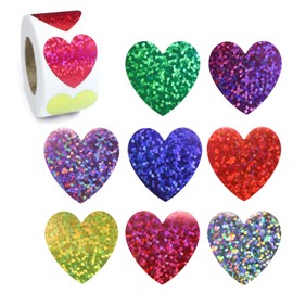 HRS-005 Hologram Roll Stickers Colorful Mix Heart Gift Stickers Wrapping Decoration, Glitter 500 Pieces, Sticker Size Approx. 1.0 x 1.0 inches (25 x 25 mm), Large Capacity, Sparkling Puffy Round